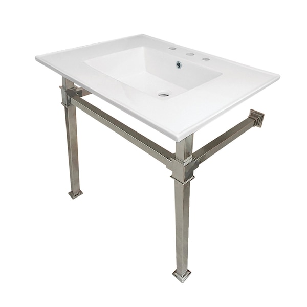Kingston Brass KVPB31228Q6 31-Inch Ceramic Console Sink (8" Faucet Drilling), White/Polished Nickel KVPB31228Q6 - main